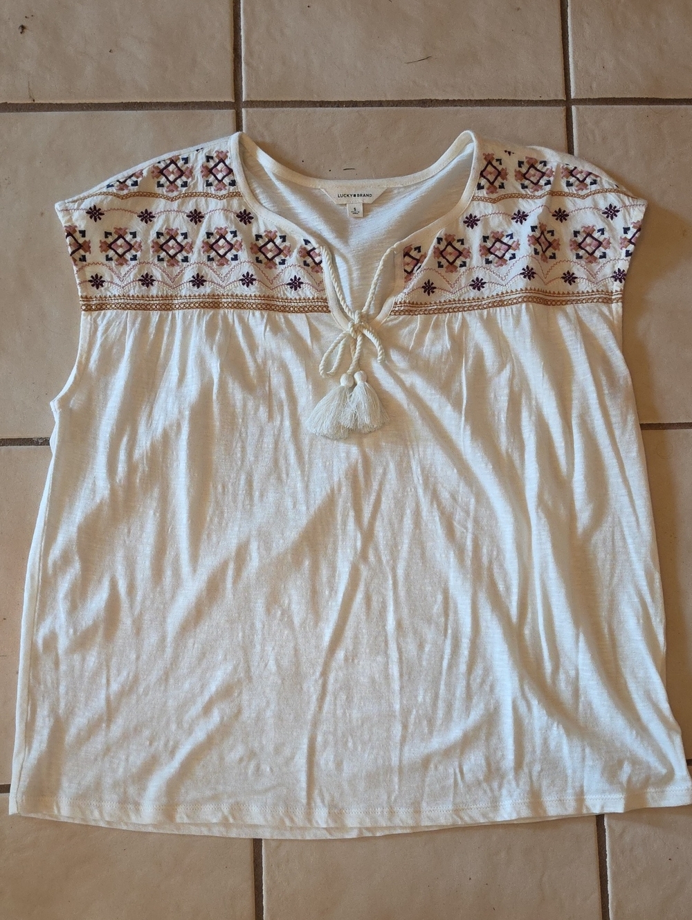 Lucky Brand Ivory Embroidered Tassel Sleeveless Top